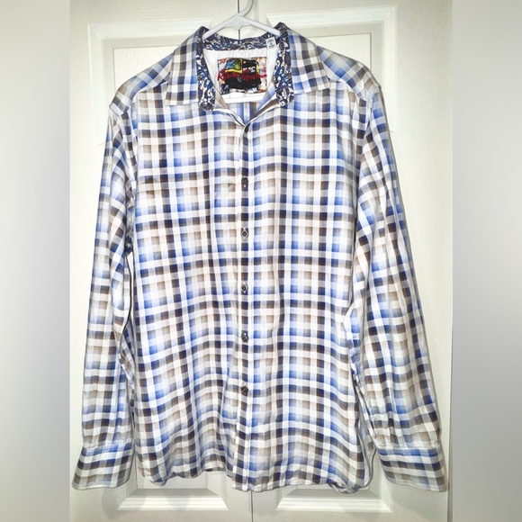 Robert Graham men's Shirt Blue Brown Plaid Flip Cuff w logo size Large. EUC - Picture 1 of 14